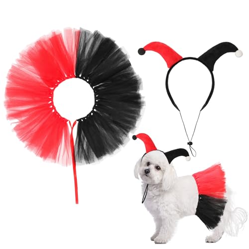Huhumy 2 Pcs Halloween Dog Clown Costume Set for Small Large Dog Pet Costume Accessories Black Red Skirt Headband for Puppy Cats Halloween Cosplay Outfit Party Favors
