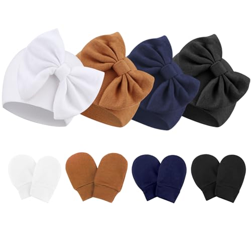 Image of Newborn Baby Hats and Mittens Set Infant Bow Beanie Cap Toddler Gloves Newborn Hospital Hats for Baby Boy Girl 0-6 Months