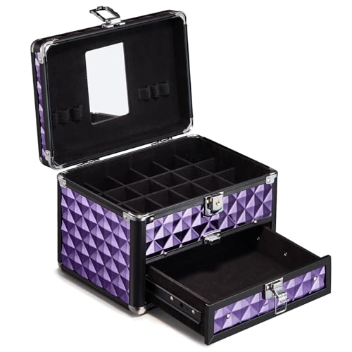 BTGGG Vanity Case Small Make Up Case Box with Mirror Aluminium Professional Cosmetic Organiser with Drawer Portable Beauty Make Up Storage Box Lockable with Keys, Diamond Purple