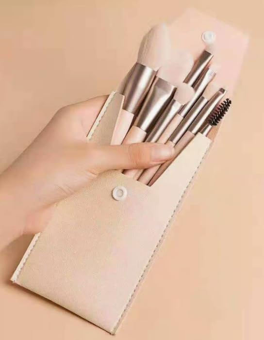Makeup Brushes Set with Bag, 8Pcs Travel Makeup Brush Kit Mini Eyeshadow Blending Brush, Portable Macaroon Makeup Brush Set for Women (Ivory Beige with Bag)