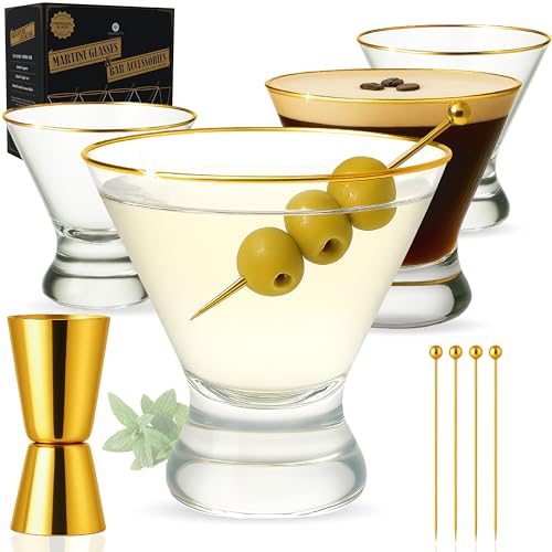 Vemacity - Stemless Martini Glasses Set of 4 with Gold Rims & Bar Tools - Crystal Cocktail Glasses for Espresso Martinis, Margaritas & More - Includes Gold Jigger & 4 Picks | Ideal for Christmas