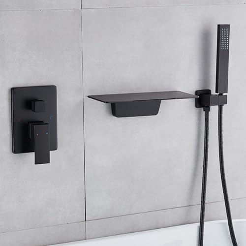 OZBMA Wall-Mounted Shower Faucet Set,Shower Mixer Tap Black Waterfall Bath Bathroom Taps with and Basin Set-B