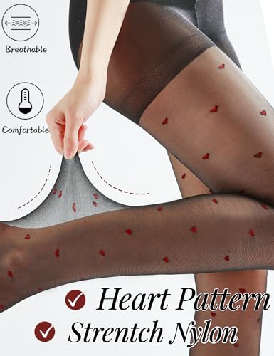 Red Heart Patterned Black Tights for Women, 20 Denier Nylon Sheer Tights, Red Heart, S-XL4