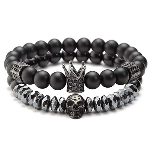 Fashion Beads Bracelets for Men with Black Onxy Stone King Crown Skull Handmade Jewelry, 7.5" Mens Bracelet