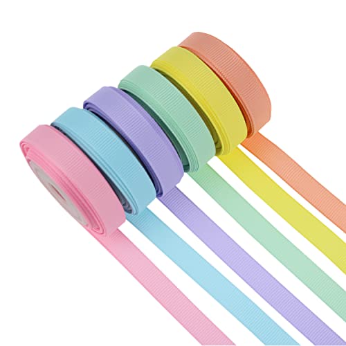 Dindosal 6 Rolls Pastel Rainbow Ribbon 3/8" Thin Grosgrain Ribbon Assortment Pastel Colored Craft Ribbon Birthday Baby Shower Party Decoration Gift Wrapping 30 Yards #TOP15