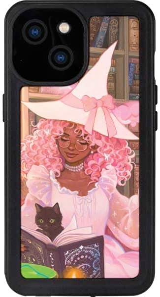Skinit Waterproof Phone Case Compatible with iPhone 15 - Officially Licensed Pink Anime Witch Girls in Library with Cats by Ivy Dolamore Design