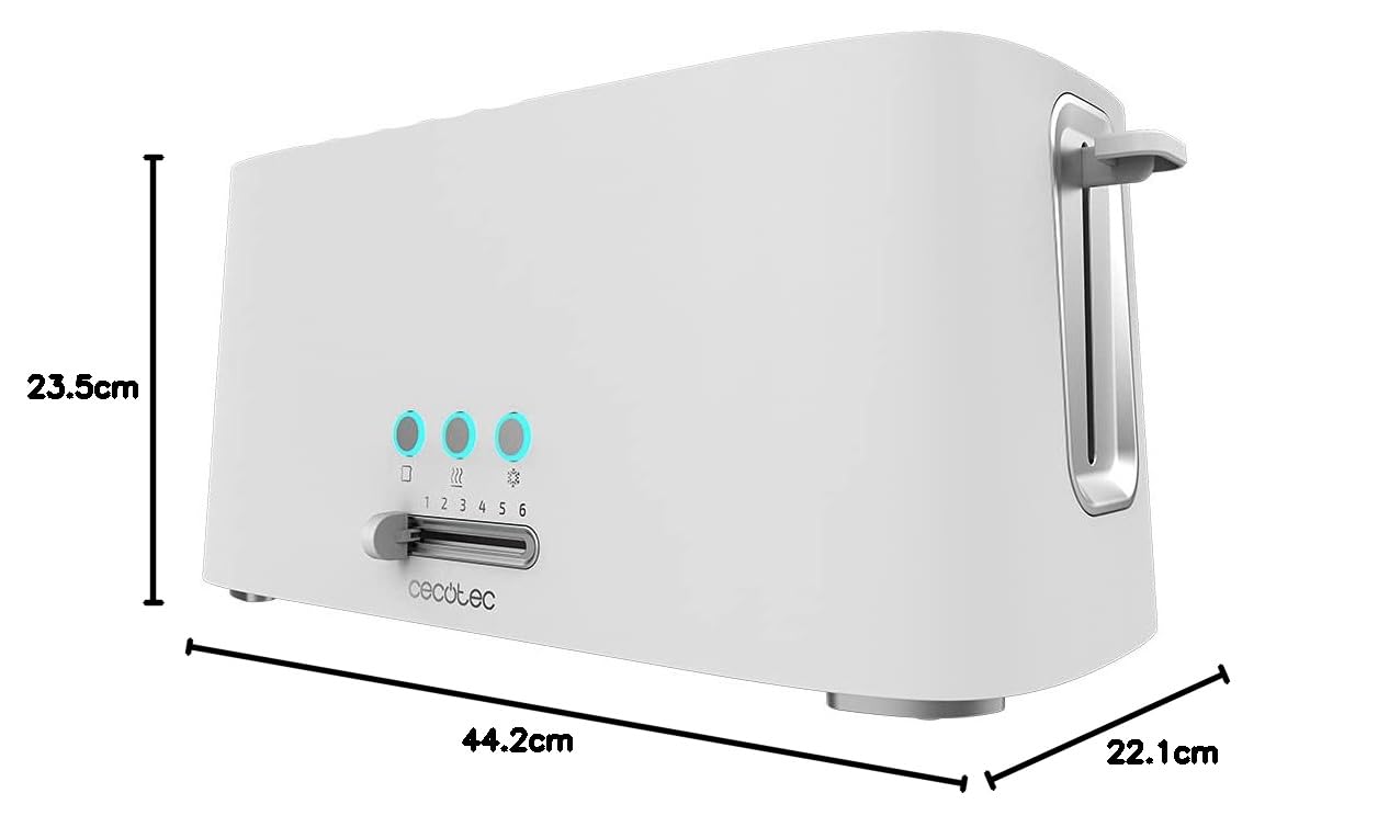 Cecotec Tostery Toast&Taste 16000 Extra Double White Plastikowy z 2 bardzo szerokimi szczelinami. 1630 W mocy maksymalnej, 6 poziomów mocy opiekania