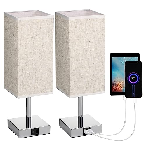 Neoglint Bedside Lamps Set of 2, Touch Control Table Lamps with USB-C+A Charging Ports and Bulbs