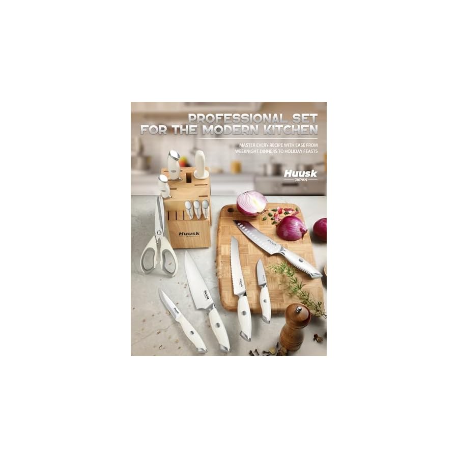 Huusk Knife Block Set - 14 Pieces Full Tang Japanese Kitchen Knives with Long-Lasting Edge & Natural Acacia Wood Block Ergonomic Knife Set as Elegant Gift for Men Women