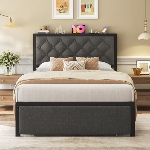 Image of Fluest Twin Bed Frame with Storage Drawer, Upholstered Headboard Button Tufted Bed Frame with Charging Station, No Box Spring Needed, Noise-Free, All Metal Structure, Grey