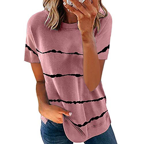 Eryue 2021 Spring and Summer Euro an and American Women's Clothing Cross-bo er Foreign Trade Amazon hot s le tie-dye Printing STRI d Loose Short-Sleeved T-Shirt Women Short Sleeve-bla M offers donot miss