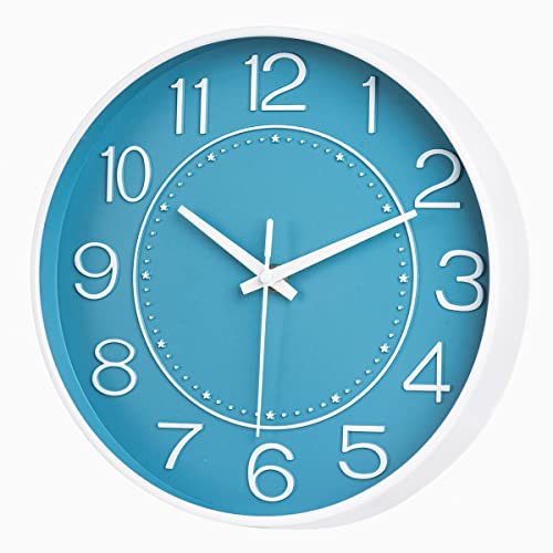 Image of HZDHCLH 10 inch Small Wall Clocks Battery Operated,Blue Quartz Clock for Wall,Silent Non Ticking Modern Wall Clock for Living Room Bedroom Kitchen Office School Classroom Decor | for Wall,Silent Small Wall Clock for Living Room Bedroom Kitchen Office Nursery Decor(Blue and white)