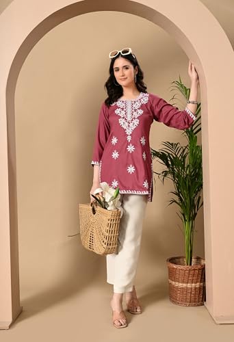 Image of LIBOZA Women's Chikankari Embroidered Short Kurti, Rayon Fabric, Three-Quarter Sleeves, Available in Pink, Black, Mustard Yellow, White, Pista and Green