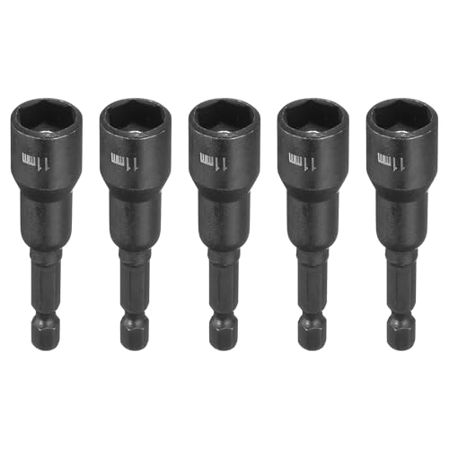 sourcing map 5 llaves de tuerca magnéticas de 11 mm, llave hexagonal de acero CR-V, herramientas de llave de vaso con vástago hexagonal de cambio rápido de 1/4 pulgadas para taladros eléctricos