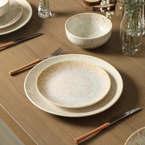 Image of Stone Lain Riley 12-Piece Dinnerware Set Stoneware, Plates and Bowls Set, Dishwasher and Microwave Safe, Dish Set for 4, Sand