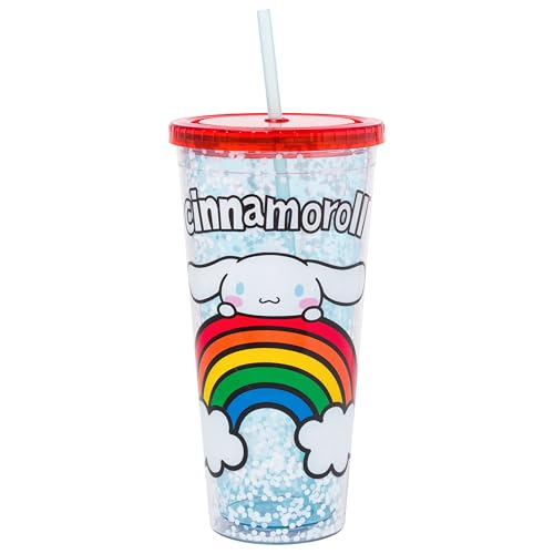 Silver Buffalo Sanrio Hello Kitty and Friends Cinnamoroll Rainbow Plastic Confetti Cold Cup with Lid and Straw, 32 Ounces