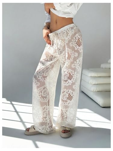 OYOANGLE Women's Floral Lace Sheer Beach Trousers Drawstring Waist See Through Crochet Pants2