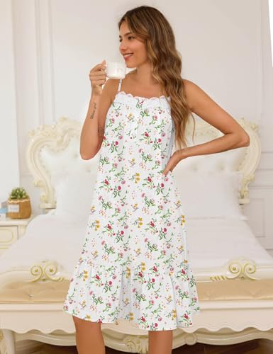 Image of SWOMOG 100% Cotton Nightgowns for Women Lace Sleeveless Sleep Dress Victorian Sleepshirt Button Strap Night Gown