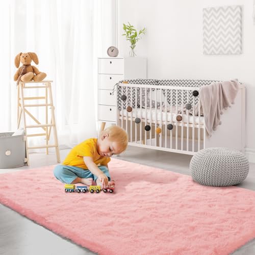 Pink Fluffy Area Rug - 3x5 Kids Rug for Bedroom, Nursery, Playroom & Dorm