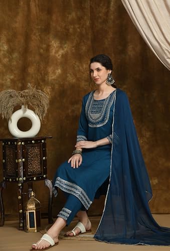 Image of Amazon Brand - Tavasya Women Rayon Straight Kurta Pant Dupatta Set | Embroidered Ethnic Suit Set | Regular Fit Kurta with Pant & Dupatta