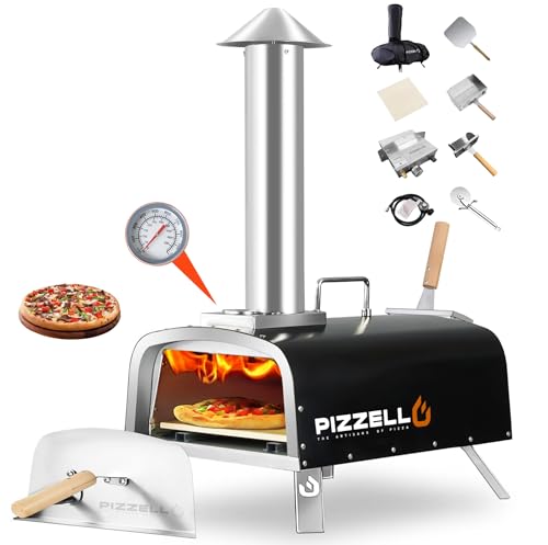 Pizzello Propane Pizza Oven Outdoor 12' Multi-Fuel Wood and Gas Pizza Oven with Thermometer,Pizza Peel, Pizza Stone,Pizza Cutter, Stainless Steel Portable Pizza Oven for Backyard, Camping (Black)
