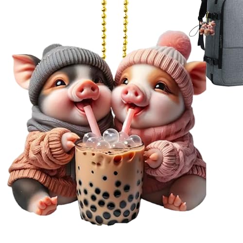 Décor Rétroviseur Acrylique 2D,Pendule Cochon Mignon - Pendentif Mignon Décoratif pour Clés Intérieur Voiture Rétroviseur Maison Noël
