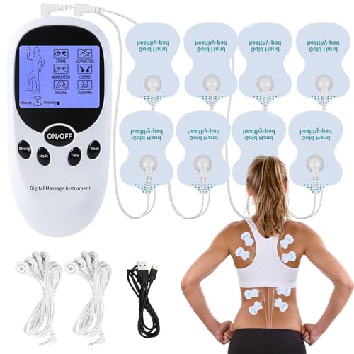 SGZIOO EMS Electroestimulador Muscular, 2 Canales Electro Estimuladores Musculares con 6 Modos y 8 Electrodos, 11 Niveles, Maquina Electroestimulacion, Estimulador Muscular para El Alivio Del Dolor