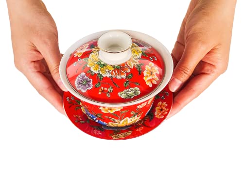 Miniatura 4 de Kopyfantap Juego De Taza De Té Tradicional Chino De Porcelana Kungfu,Gaiwan Rojo Con Flores Y Corales Gráficos,300ml Grande Capacidad Tazón De Té