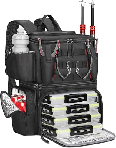 MATEIN Zaino da Pesca con 4 Scatole 3600, Doppio Portacanne, Bussola Integrata e Scomparto Termico, Impermeabile, Nero