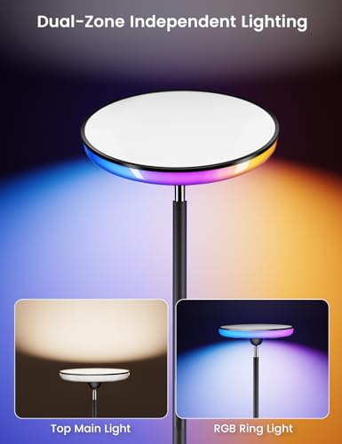 Image of UFO LED Torchiere Floor Lamp with RGB Ambient Light, 42W 3700LM Bright Dimmable Sky Lamp,71in Modern Tall Standing Lamp with Remote Touch Control&Timer,for Living Room Bedroom Office Gaming Room,Black