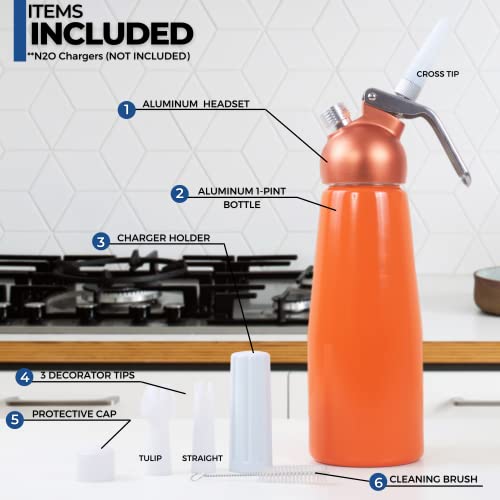 Ico Orange Aluminum Whipped Cream Dispenser For Homemade Whipping Cream, Whipped Cream Maker For Desserts, Dips, Sauces, And Infused Liquors, 1-Pint #TOP1