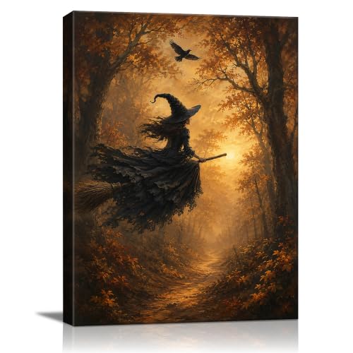 AbcCustomize Vintage Halloween Canvas Wall Art, Flying Witch Canvas Prints