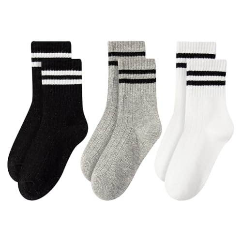 GSHLLO 3 Pairs Kids Sport Crew Socks Striped Top Sports Socks School Athletic Socks Casual Stretchy Socks Training Socks 4-6 Years