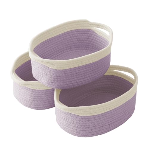Image of JMvicyroam Small Woven Basket, Empty Gift Basket, White&Purple /3 Pack | Small Gift Basket, Cotton Rope, 12 x 8 x 56 in, Handles, Includes Ribbon and Bag, Birthday Gift Basket
