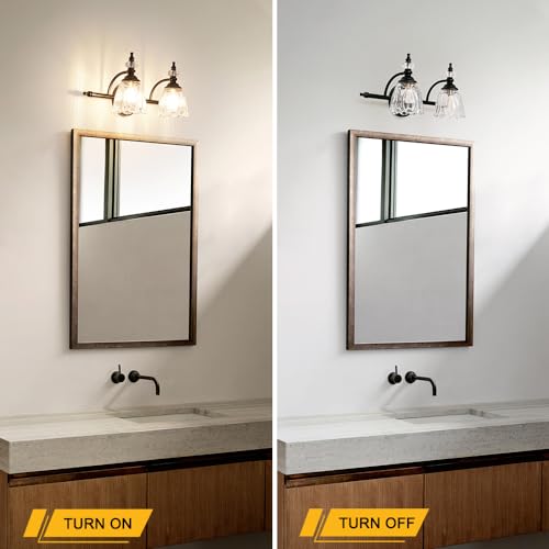Image of Matte Black Vanity Light, Farmhouse Bathroom Light Fixtures, 2 Light Bathroom Vanity Lights, Flower Glass Shade Wall Sconce Lighting