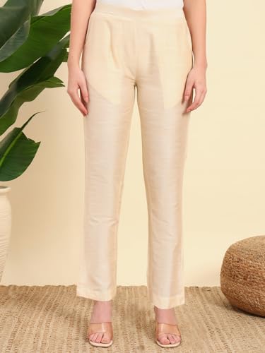 Image of Vogaan Women's Cotton Silk Pant | Half-Elasticated Waist Slim Fit Trouser for Women | Casual Pocket Pants for Office Formal Daily Use