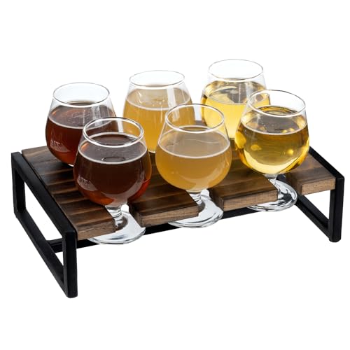 MyGift Urban Industrial Beer Whiskey Flight Board Tasting Set Includes Solid Burnt Wood and Black Metal Server Tray and 6 Small Snifter Sipping Glasses, Margarita, and Wine Tasting Flight Sampler