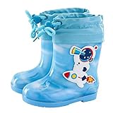 Pangolin Kinder Gummistiefel Jungen Mädchen, Wasserdichte Regenstiefel mit Abnehmbarem Fellbesetztem Baumwollfutter, Mid Calf Wellington Boots mit Kordelzug, Rutschfester Sohle Blau-A 32 EU