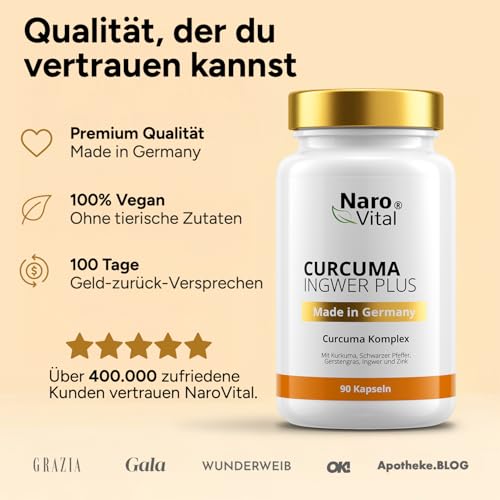 Kurkuma Ingwer Kapseln hochdosiert - Mit Curcuma Extrakt, Gerstengras, Kurkuma Pulver, Ingwer, Piperin, Curcumin - 90 vegane Kapseln - Alternative zu Tabletten
