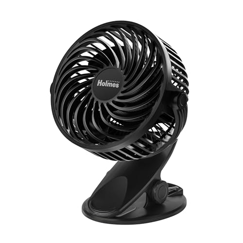 Holmes 4” On-The-Go Personal Fan with Clip – 3 Speed Settings, 360° Rotation, Rechargeable Battery, USB-C Charging, Compact & Portable Design, Black – Ideal for Desks & Personal Spaces