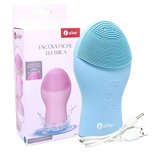 Escova Limpeza Facial Elétrica de Silicone AJ-003A Aiker Limpeza Profunda Massageadora Azul
