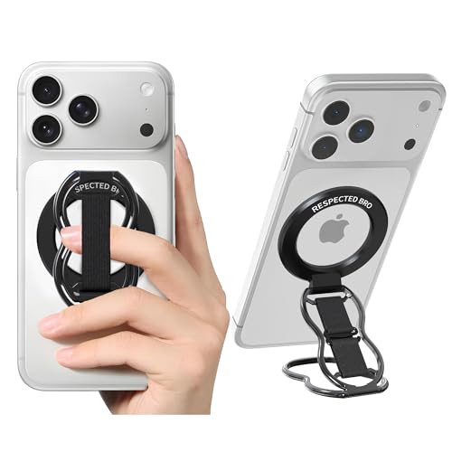 RESPECTED BRO Magnetic-Phone-Grip-Stand-with-Finger-Strap, 4-in-1 Magnetic Ring Holder, Kickstand and Elastic Strap for Smartphones, Universal Fit for iPhone, Android, and Cases (Black)