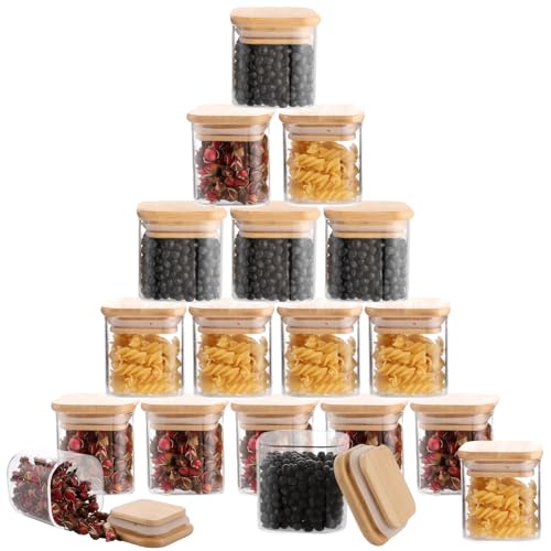 LDXDRU Juego de 16 tarros de cristal rectangulares con tapa herméticos, tarros de cristal con tapa de madera, recipiente de almacenamiento de cristal rectangular, para cereales, harina, especias