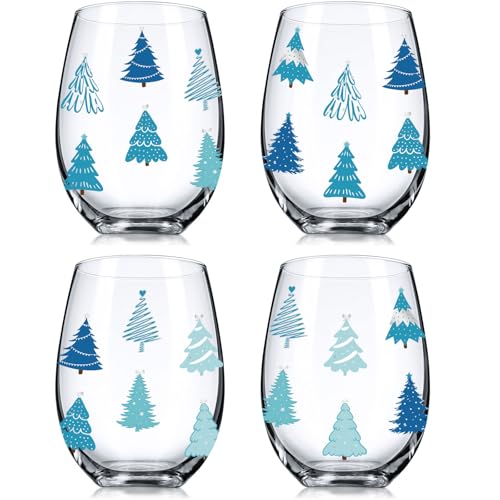 Umigy 4 Pcs Christmas Stemless Wine Glass Winter Leaf and Berry Drink Glasses 17 oz Wine Glass Funny Xmas Birthday Gifts for Women Men Family Friends(Blue,Winter Christmas Tree)