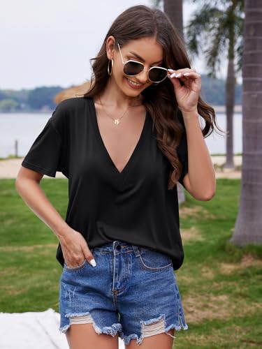 UNCLECAT Womens Deep V-Neck T Shirts Sexy Short Sleeve Tops Summer Oversized Tee2