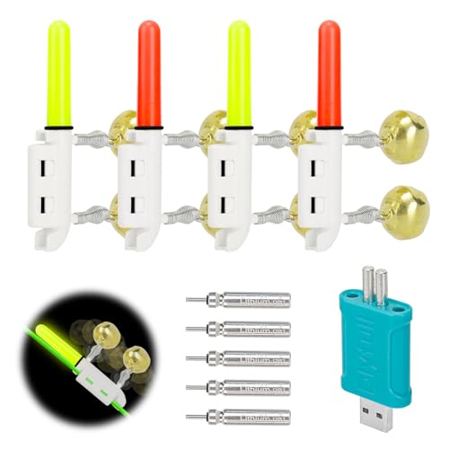 Lot de 4 Détecteurs de Touche LED étanches pour la Pêche de Nuit, Accessoires de Pêche avec Chargeur et Batterie pour la Pêche de Nuit ou la Pêche Tôt Le Matin