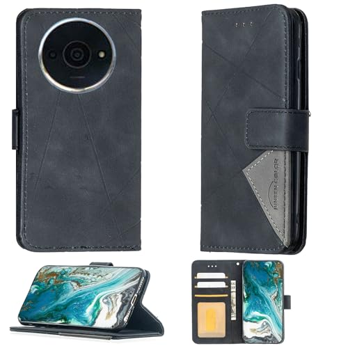 Aroepurt Case Compatible for Poco C61 Phone Case Cover [with Tempered Glass Screen Protector] Flip Stand Cover PU Leather Wallet Case Black