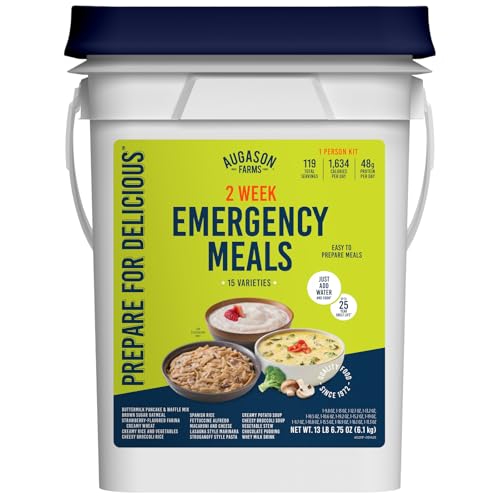 Augason Farms 2 Week Emergency Food Supply Kit, Dehydrated Meal Survival Food Bucket for 1 Person – 119 Servings