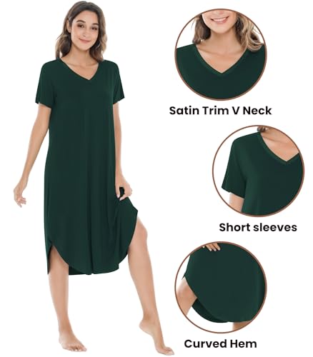 Image of NACHILA Nightgowns for Women-Viscose Made from Bamboo, V Neck Sleepshirts Short Sleeve Sleepwear Cool Nightshirt