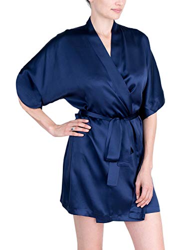 OSCAR ROSSA Women's Luxury Silk Sleepwear 100% Silk Sexy Short Robe Kimono Midnight Blue